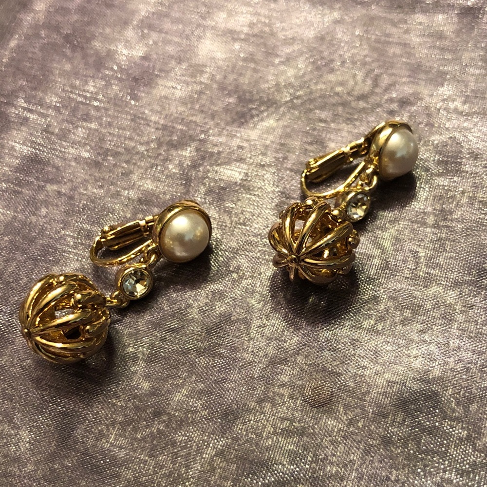 Anne Klein Gold-Tone Pearl and Crystal Drop Clip-On Earrings